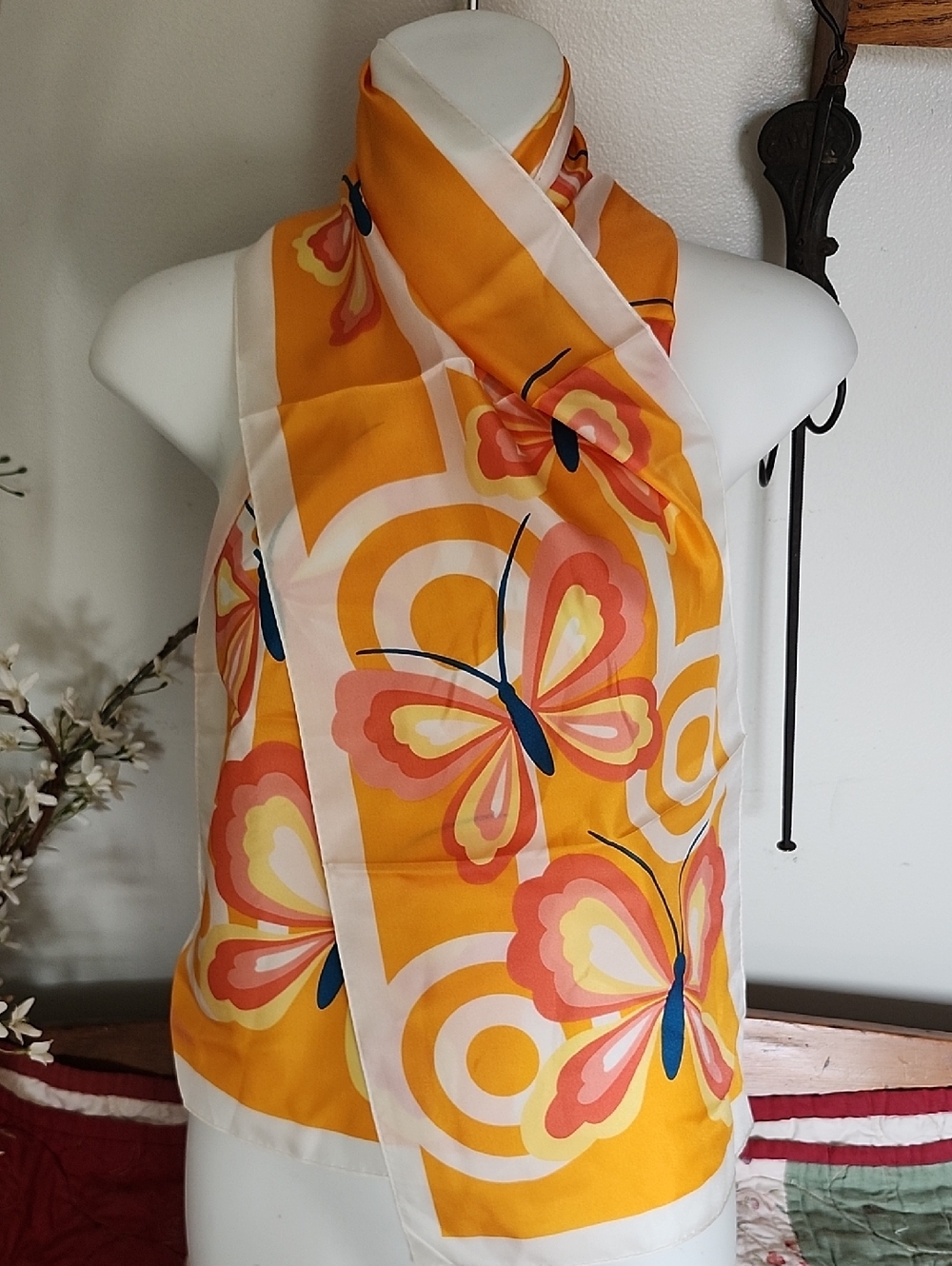 Adrienne Landau Yellow and Coral Butterfly Print Silk Scarf